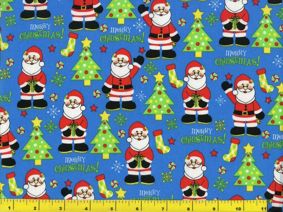 Feliz Navidad con Papá Noel y árboles en tela de costura acolchada azul por yarda #3064 Foto 1 de 1