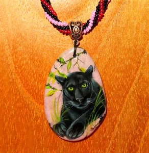 BLACK PANTHER Pendant hand painted Big CAT STONE Gorbachova art beaded necklace - Picture 1 of 12
