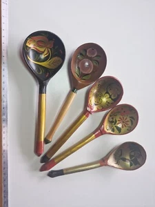 Vintage khokhlomo hand painted wood Russian spoons - lot of 5 spoons (1) - Picture 1 of 2