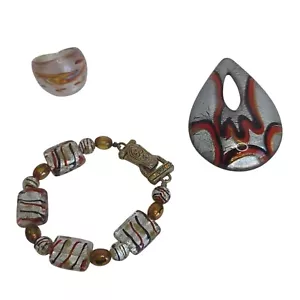 Glas Schmuckset mit Armband Anhänger & Ring Rot Gold Silber Wirbel Handarbeit - Bild 1 von 12