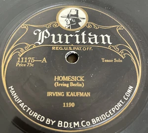 78 PreWar Jazz -Irving Kaufman- Puritan 11175 "Homesick" 1922 V+ - Picture 1 of 4