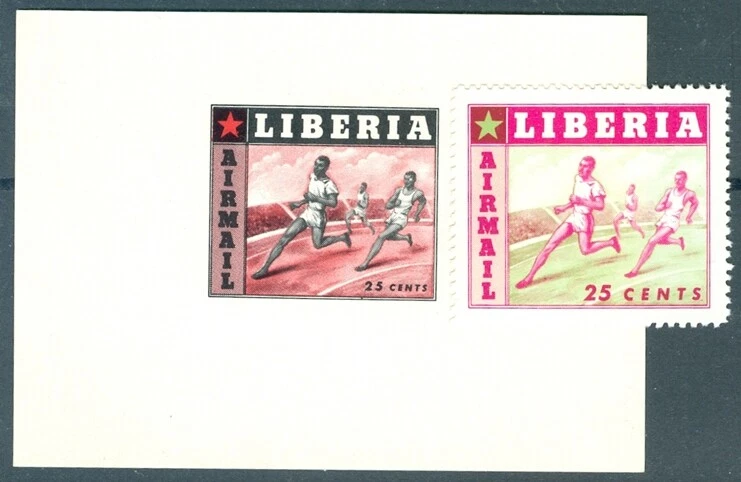Liberia 1955, 25c corredores en pista, ensayo Die Proof rojo y negro, NH #C90 Foto 1 de 1