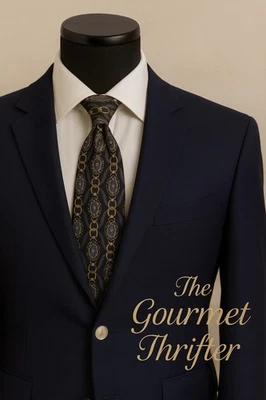 Corbata de seda vintage Ted Lapidus Paris FIRMADA cadena medallón de diseñador oro marino Y2K Foto 1 de 4