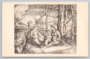 Grabado de la Sagrada Familia por Jacopo de’ Barbari c1950 arte italiano postal - Imagen 1 de 2