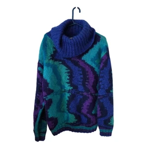 Vintage Pappagallo 80er Mohair geometrischer Wasserfallausschnitt Pullover Large blau grün  - Bild 1 von 3