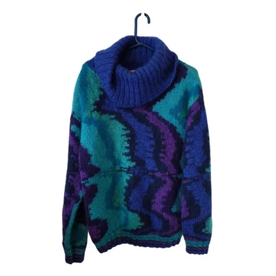 Suéter Vintage Pappagallo Años 80 Mohair Geométrico Capucha Cuello Grande Azul Verde  Foto 1 de 3