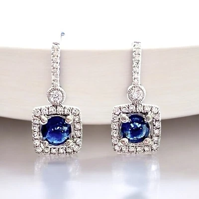 1.42CT 14K  White Gold Natural Vivid Blue Sapphire & Diamond Halo Drop Earrings - Image 1 of 4