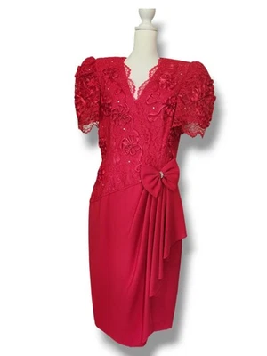 US Vtg 80's ILGWU Leslie Fay Red Textured Embellished Cocktail Dress Hip Bow 12  - Image 1 of 4