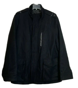 Cole Haan Mens M Black Jacket Wool Blend Leather Trimmed Pocket Full Zip Snaps - Picture 1 of 5