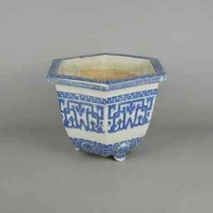 Vintage Seto Ware Bonsai Planter – Hexagonal Blue & White Pot, 24.5cm Wide - Picture 1 of 7