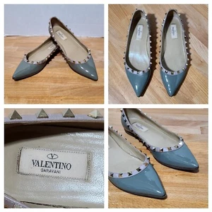 Valentino Beige/Green Patent Leather Rockstud Ballet Flats Size 37.5EU, 7.5US - Picture 1 of 20