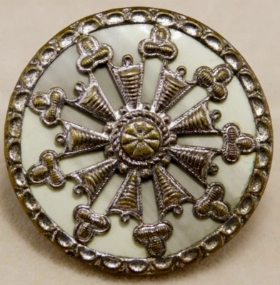 Large Antique Ornate Silvered Brass BUTTON w Celluloid NICE 1&1/2 - Image 1 of 4