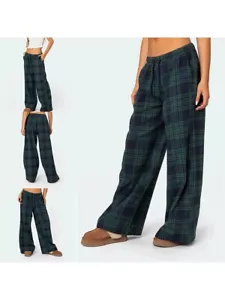 Women’s Fashion Casual Homewear Oversized High Waist Plaid Lounge Pants Bottom - Picture 1 of 12