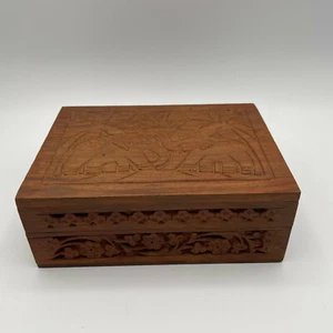 Vintage India Hand Carved Wood Box-Elephants & Palm Trees - Picture 1 of 12