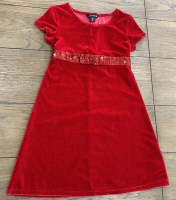 Niña 6 6x Vestido de Navidad Rojo Elástico Terciopelo Cinch Tie Bow Lentejuelas Foto 1 de 4