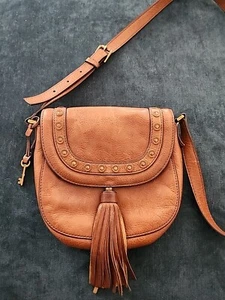 Fossil Emi Brown Leather Saddle Bag Purse, New Fossil Crossbody Fringe Stud VG!! - Picture 1 of 12