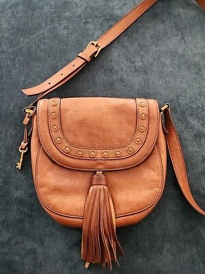 Fossil Emi Brown Leather Saddle Bag Purse, Fossil Crossbody Fringe Stud VG!! - Image 1 of 4
