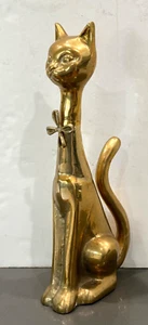 Vtg MidCentury Brass Cat Figurine Statue Floor Sculpture Hollywood Regency W/Bow - Picture 1 of 21