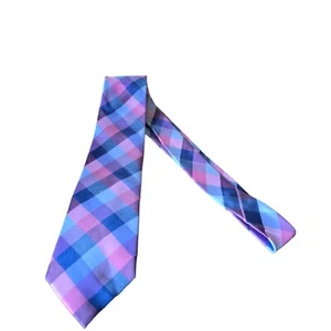 Tommy Hilfiger Men’s Silk Tie Blue Pink Plaid Classic Necktie Gift - Picture 1 of 8
