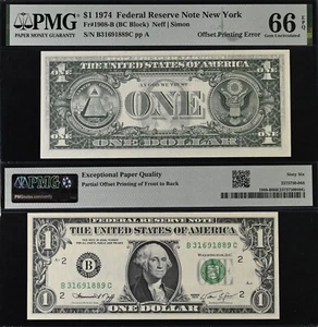 1974 $1 Federal Reserve Note PMG 66EPQ - Offset Printing Error - Picture 1 of 3