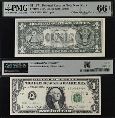 1974 $1 Federal Reserve Note PMG 66EPQ - Offset Printing Error - Image 1 of 3