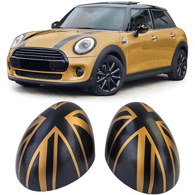 COPRI SPECCHIETTI UNION JACK NERO E ORO PER MINI ONE COOPER S D F54 F55 F56 F57 - Immagine 1 di 4