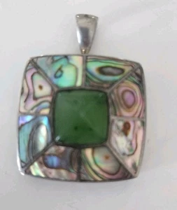 Vintage Paua Abalone Muschel grüner Stein Sterlingsilber Anhänger - Bild 1 von 5