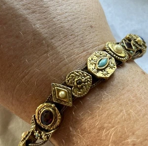 Vintage Goldette Slide Armband Mond Herz Diamant oval goldfarben 2 Steine fehlen - Bild 1 von 21