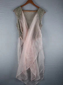 Handgefertigte korallenrosa Netz Überwurf vorne offen durchsichtig lange Strickjacke kleine Nieten - Bild 1 von 9