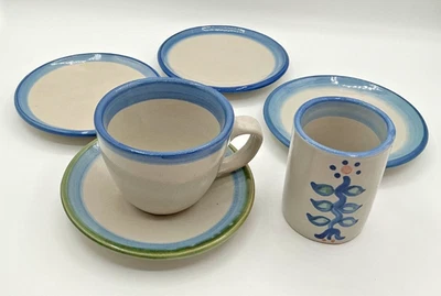 Six Misc Pieces of MA Hadley Art Pottery Coffee Cup, Mustard Jar & 4 Saucers - Image 1 of 4