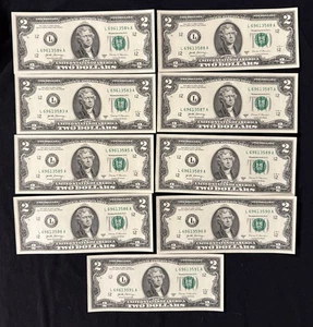 Lot von 9 ~ 2017 Jefferson Zwei-Dollar-Scheinen, in SEQUENZIELLER #-Ordnung - Stempelglanz - Bild 1 von 2