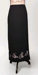 Vintage ALFRED DUNNER - Black Embroidered Side Slit Poly Pencil Skirt - Size 14 - Picture 1 of 4