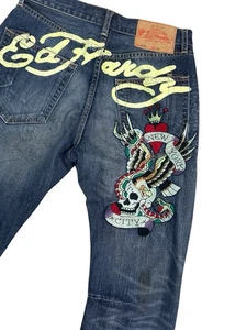 Vtg Ed Hardy Christian Audigier '09 Denim Jeans Skull Embroidery 32x32 Y2K Baggy - Bild 1 von 14