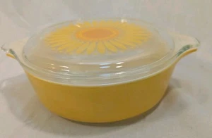 Vintage Pyrex #471 1PT Sonnenblume Gänseblümchen Deckel gelb Auflaufform sehr schön - Bild 1 von 4