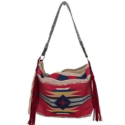 Bolso de Hombro Rojo Estampado Azteca del Suroeste con Flecos Hobo Boho Chic Bolso Nuevo con Etiquetas Foto 1 de 4