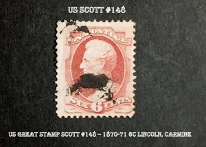 US Great Stamp Scott #148 – 1870-71 6c Lincoln, carmine - Free Shipping - Picture 1 of 3