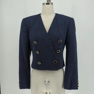 30034 复古甜美套装娇小羊毛格子短外套紫色尺寸 6P 90 年代 80 年代 — 第 1/4 张图片