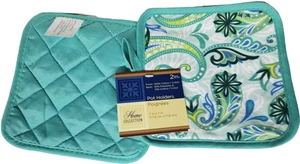 2 Same Kitchen Pot Holders (7"x7") PAISLEY SHAPED FLOWERS with aqua back # 2, GR - Picture 1 of 8