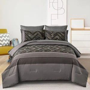 Grey Comforter Set Queen Size, 7 Pieces Grey and Black Stripe Bed in a Bag, G... - Picture 1 of 7