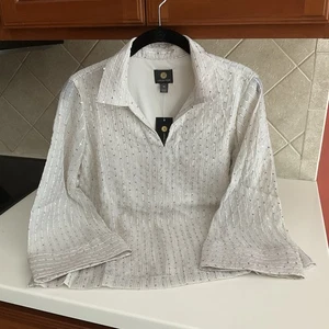 JM Collection Women's Sz PM Beige w/Gold Sequins 3/4 Sleeve Pullover Blouse Top - Picture 1 of 11