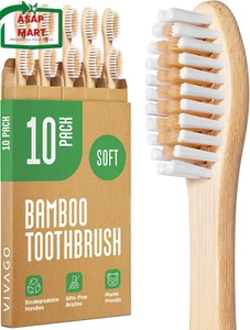 Biodegradable Bamboo Toothbrushes 10 Pack - BPA Free Soft Bristles Toothbrushes, - Picture 1 of 12