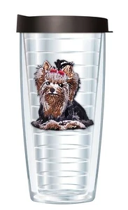 Yorkie Puppy Dog Emblem on Clear 16 Ounce Double-Walled Travel Tumbler Mug wi... - Picture 1 of 2
