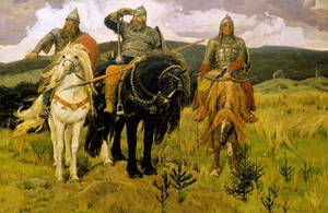 Oil painting Viktor Vasnetsov - Three Heroes Bogatyri horsemen in landscape 36" - Picture 1 of 1