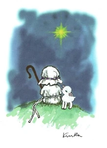 Merry Christmas Shepherd Boy White Lamb Sheep Star Bethlehem Kinka Greeting Card - Picture 1 of 4