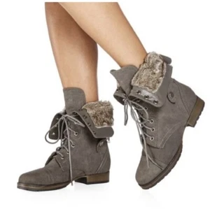 Lindas Botas de Invierno Ajustables Gris Con Cordones y Cremallera Botas de Combate con Borde de Piel Sintética ~ Talla 6.5 - Imagen 1 de 21