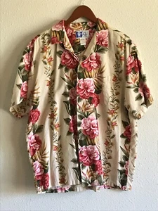 Vintage 80s GORGEOUS Aloha Border Shirt RJC L BARKCLOTH Floral Tribal Hawaiian - Picture 1 of 10