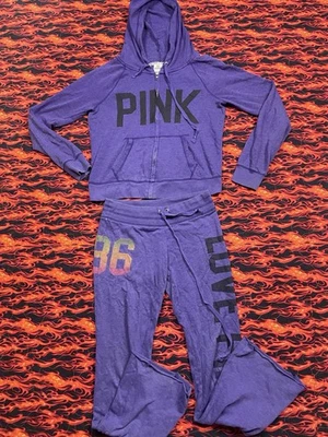 Винтажный Victoria's Secret розовый, любовь толстовка с капюшоном L, и брюки XS, комплект фиолетовый #86 розовый любовь - Изображение 1 из 4