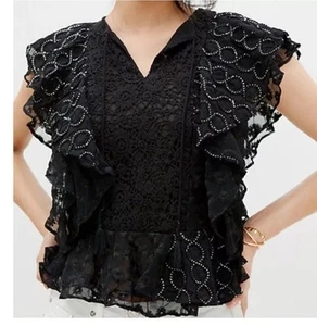 Anthropologie Verb By Pallavi Singhee Black Ruffle Lace Fancy Girl Out Blouse M - Picture 1 of 8