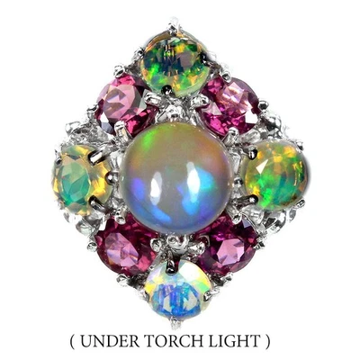 Anello in argento sterling 925 rotondo opale di fuoco rodolite granato... - Immagine 1 di 4