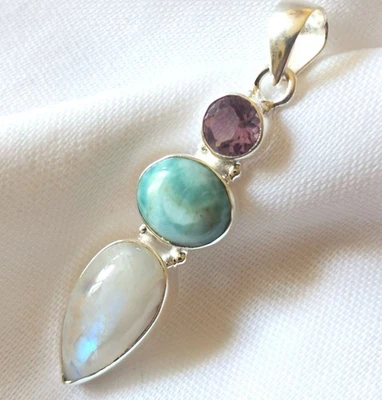 Anhänger Larimar, Regenbogen Mondstein + Amethyst - 925er Silber - Blau - Bild 1 von 4